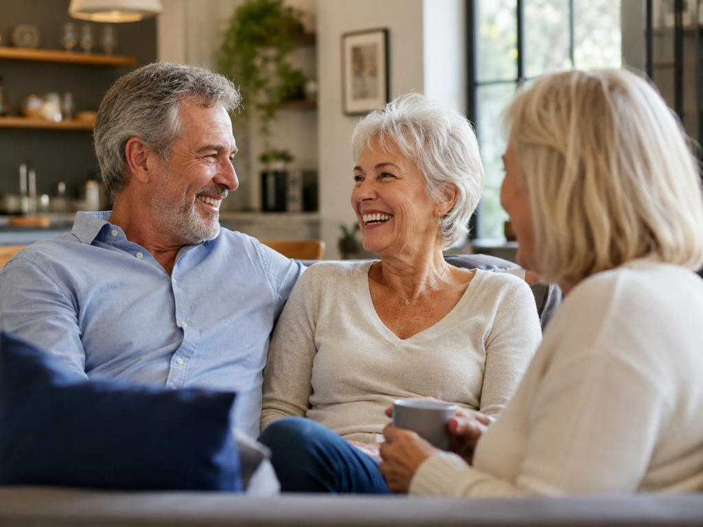 Older adults sharing a relaxed conversation at home, representing friendly later-life mortgage guidance and personal financial advice.