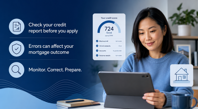 Credit File guide showing a woman checking her credit report and score before applying for a mortgage.