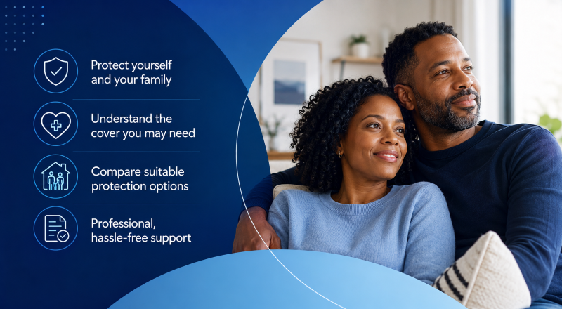 Critical Illness Protection hero image showing a diverse couple at home with protection, health, family and support icons.