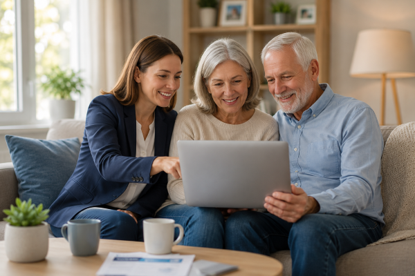 Connect Lifetime adviser reviewing later-life mortgage options with an older couple at home, representing clear guidance and careful financial planning.
