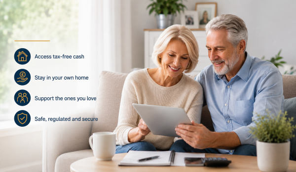 Equity release advice for homeowners aged 55+, showing an older couple reviewing options with icons for tax-free cash, staying at home, family support and regulated security.