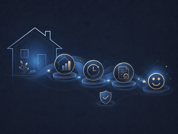 Abstract equity release journey showing a home, growth, time, documents, security shield and smiley icon to represent future planning and peace of mind.
