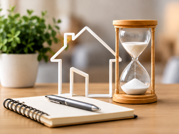 Equity release planning image showing a house outline, hourglass, notebook and pen to represent later-life borrowing, time and careful financial planning.