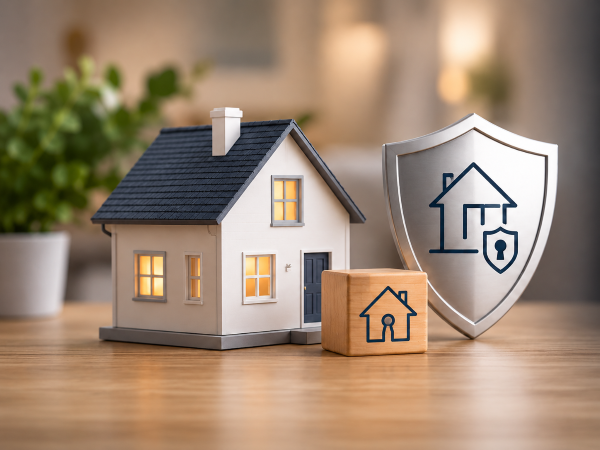 Equity release home security image showing a house model, shield and home icon to represent protected later-life lending and property safeguards.