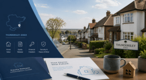 Equity Release Adviser in Thundersley, Essex, with local homes, location markers and home finance icons.