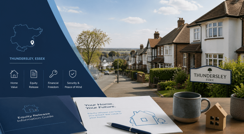 Equity Release Adviser in Thundersley, Essex, with local homes, location markers and home finance icons.