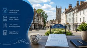 Equity Release Adviser in Saffron Walden with local town architecture, home planning icons and financial guidance materials.