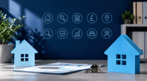 First Buy-to-Let Property planning with house models, keys and landlord checklist icons.