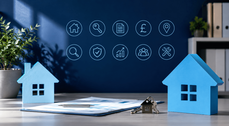 First Buy-to-Let Property planning with house models, keys and landlord checklist icons.