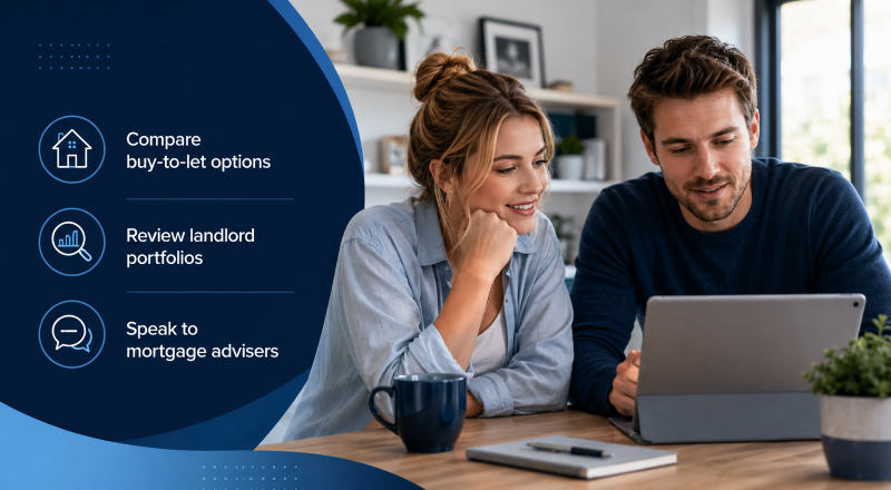 Free Buy-to-Let Mortgage Search showing a young couple comparing landlord mortgage options with adviser support icons