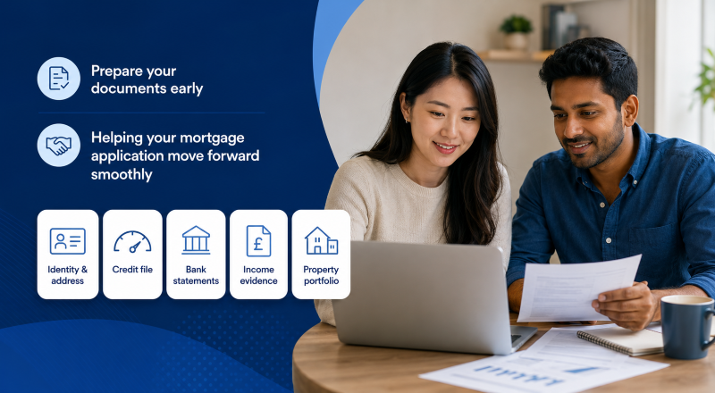 Chinese woman and Indian man preparing mortgage documents, including identity, credit, bank statements, income evidence and property details.