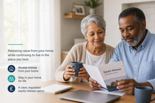 Home Reversion Plans explained with a mixed older couple reviewing equity release documents at home