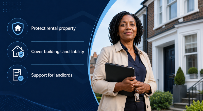 Landlord Insurance support showing property protection icons and a landlord outside a rental home