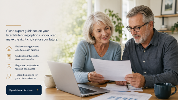 : Later-Life Lending guidance with an older couple reviewing mortgage options and equity release information at home