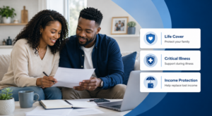 Life cover, critical illness and income protection options shown with a couple reviewing protection documents at home.