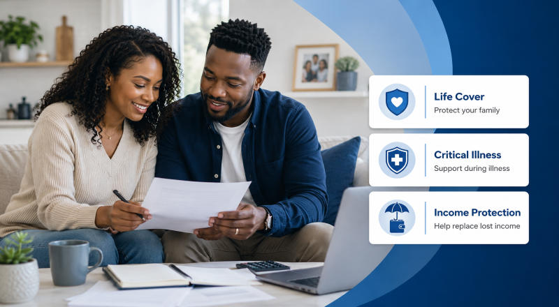 Life cover, critical illness and income protection options shown with a couple reviewing protection documents at home.