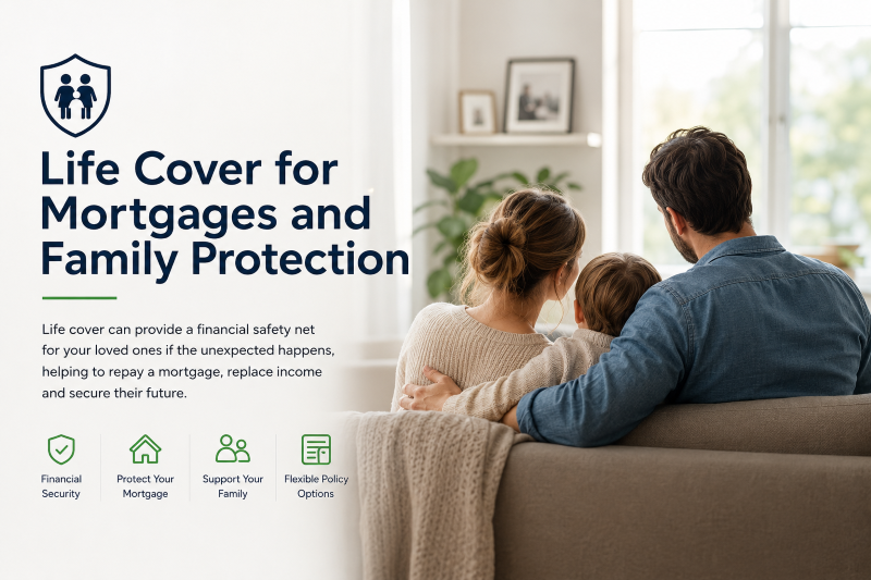 Life cover for mortgages and family protection with parents and child sitting together at home.