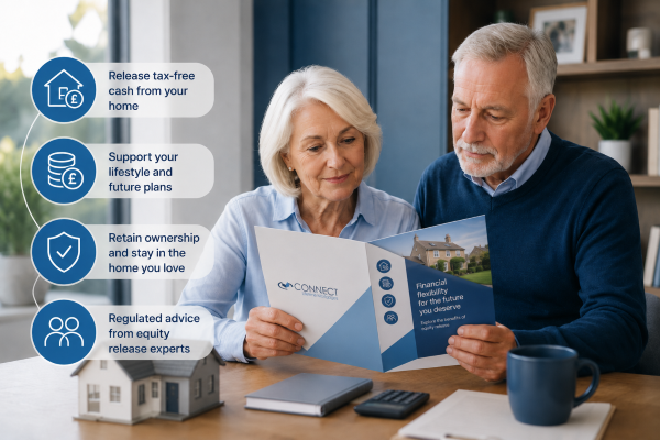 Lifetime Mortgages hero image showing an older couple at home reviewing a brochure, with icons highlighting tax-free cash, home ownership and expert advice.
