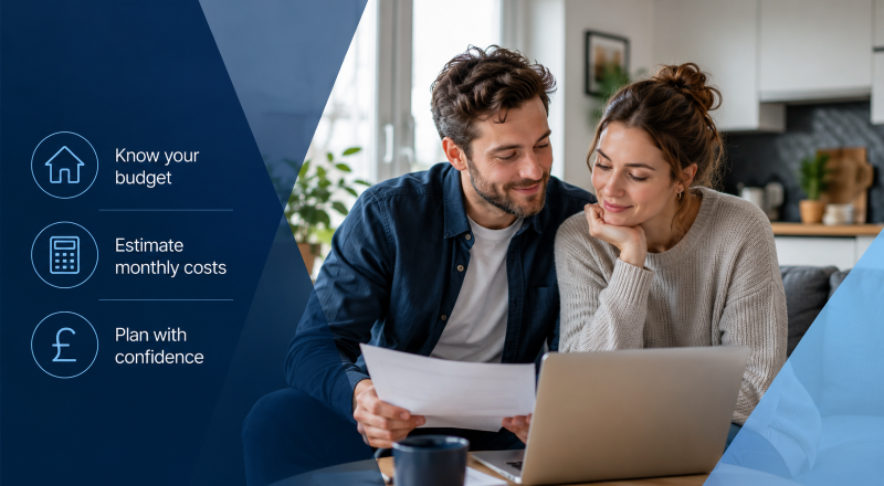 Mortgage Affordability hero image showing a young couple reviewing budget documents and a laptop, with icons for home, calculator and monthly costs.