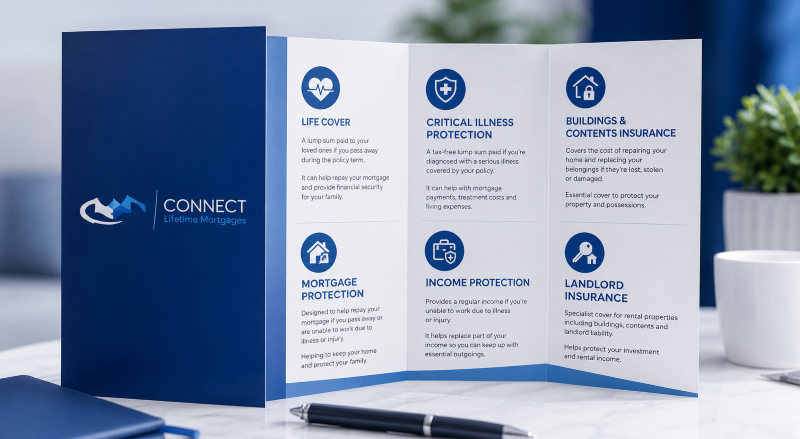Mortgage insurance and protection brochure showing life cover, critical illness cover, mortgage protection, income protection, buildings and contents insurance, and landlord insurance.