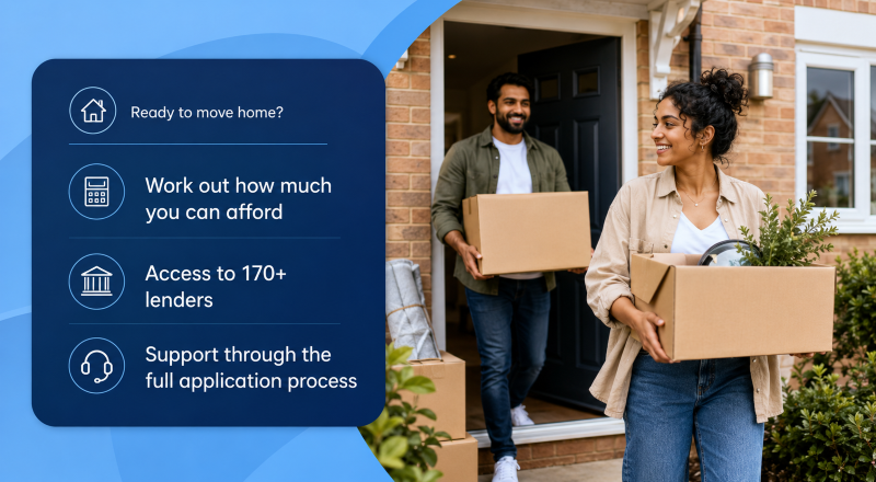 Moving house couple carrying boxes into their new home with mortgage support information