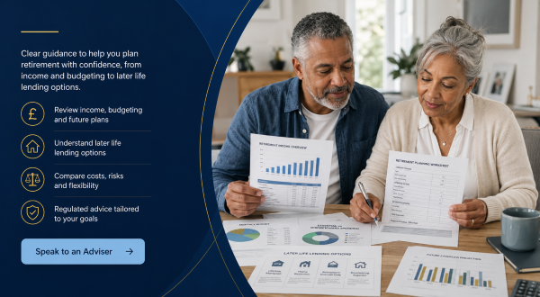 Planning for Retirement with a mixed older couple reviewing income, budgeting and later life lending documents at home