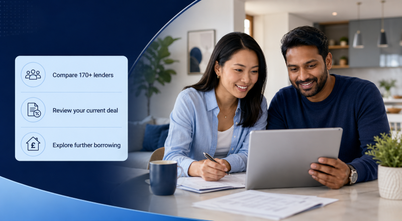Remortgage couple reviewing their current mortgage deal and further borrowing options.