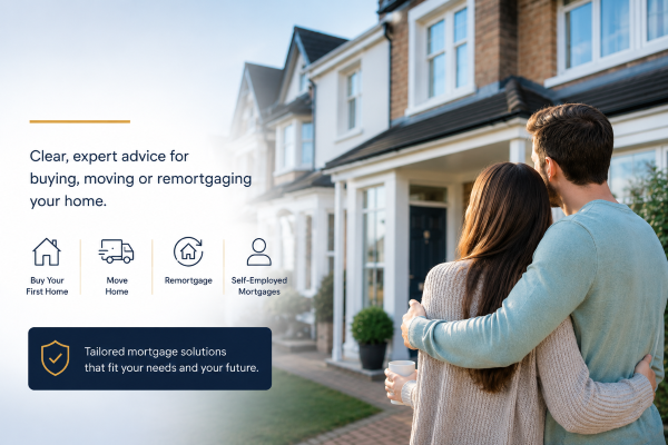Residential Mortgages hero image showing a couple outside a home, with icons for first-time buyers, moving home, remortgaging and self-employed mortgages.