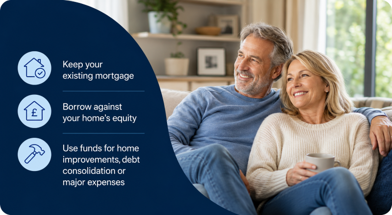 White couple relaxing at home, with icons explaining how a Second Charge Mortgage can support additional borrowing.
