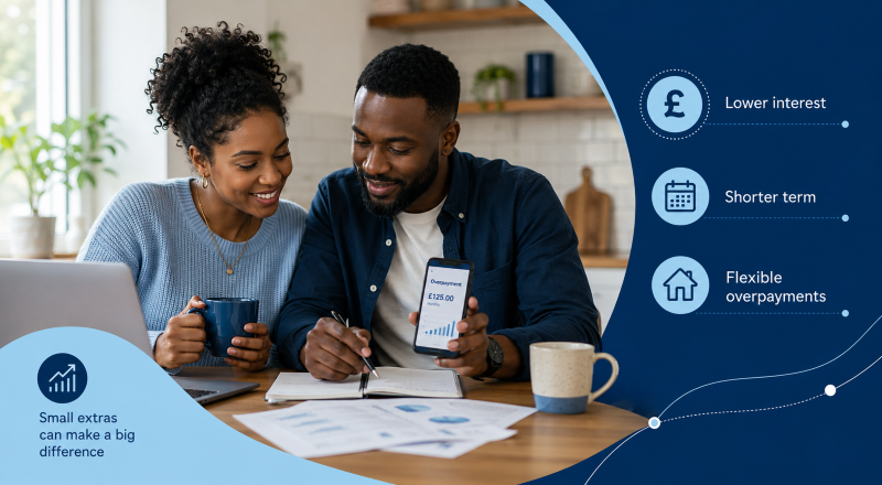 Small mortgage overpayments with a couple reviewing finances, showing lower interest, shorter term and flexible overpayment icons