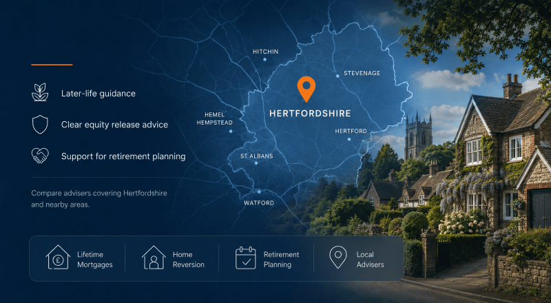 Equity Release Adviser in Hertfordshire hero image featuring a Hertfordshire map, location pin, local towns, and later-life lending icons.