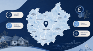 Equity Release Adviser in Leicestershire hero image featuring a Leicestershire map with Leicester location pin, later-life lending, lifetime mortgage, home reversion and retirement planning icons.