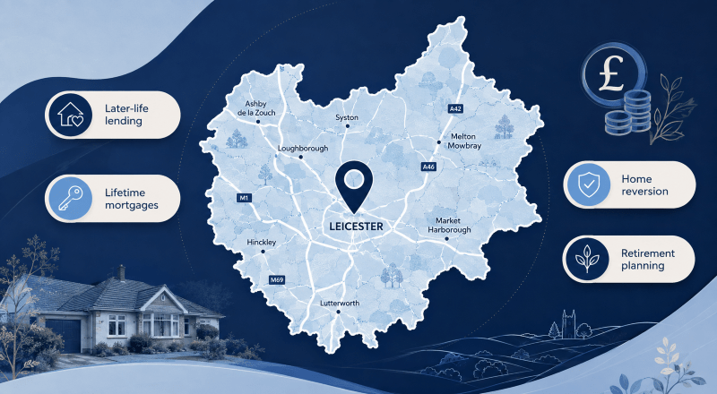 Equity Release Adviser in Leicestershire hero image featuring a Leicestershire map with Leicester location pin, later-life lending, lifetime mortgage, home reversion and retirement planning icons.