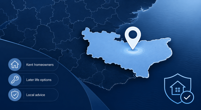 Equity Release Advisers in Kent with a highlighted Kent map, location pin, home, key and local advice icons.