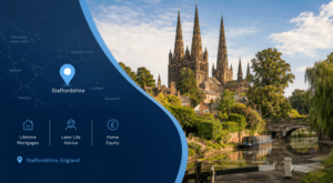 Equity Release Advisers in Staffordshire, illustrated with a Staffordshire location map, Lichfield Cathedral, canal and local landmarks.