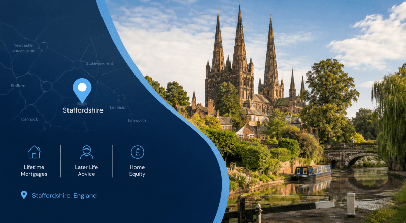 Equity Release Advisers in Staffordshire, illustrated with a Staffordshire location map, Lichfield Cathedral, canal and local landmarks.