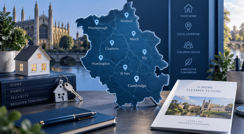 Equity Release Adviser in Cambridgeshire – location map highlighting Cambridge, Ely, Huntingdon, Peterborough, St Ives, March and Wisbech with later-life property planning imagery.