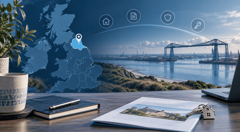 Equity Release Adviser in Cleveland with regional map, home finance icons and Teesside landscape.