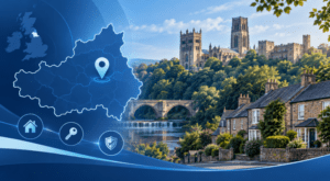 Equity Release Adviser in County Durham with a location map, Durham Cathedral, Durham Castle and local homes.