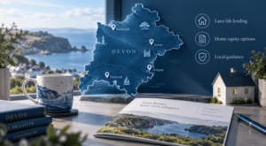 Equity Release Adviser in Devon with a stylised Devon map, location markers, coastal scenery and later-life lending icons.