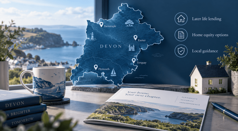 Equity Release Adviser in Devon with a stylised Devon map, location markers, coastal scenery and later-life lending icons.