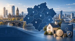 Equity Release Adviser in Greater Manchester with regional map, home and property finance symbols