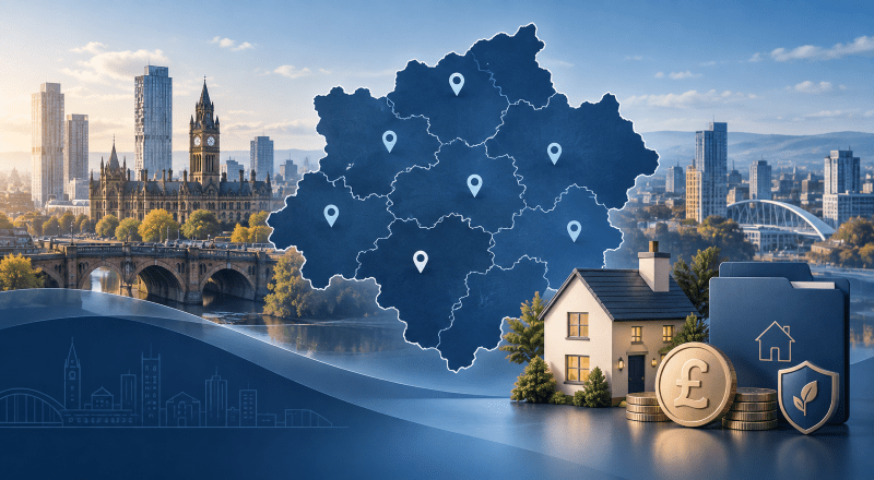 Equity Release Adviser in Greater Manchester with regional map, home and property finance symbols