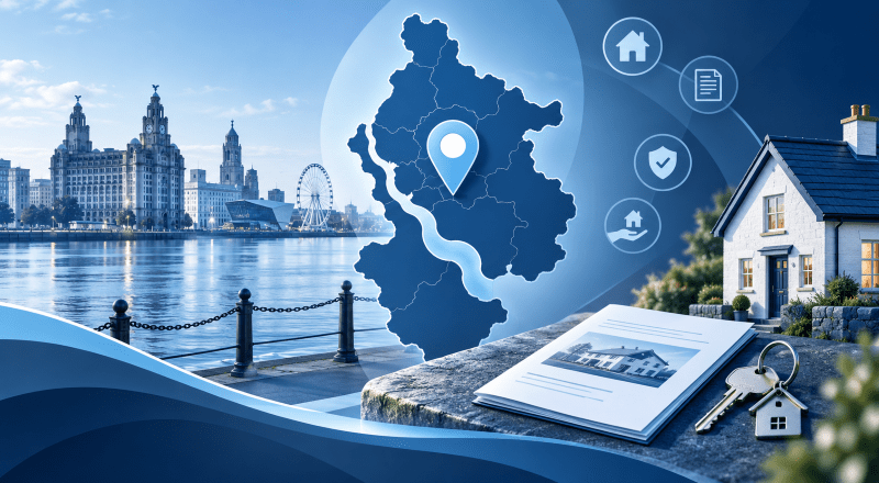 Equity Release Adviser in Merseyside – location map, Merseyside waterfront, home, property documents and key representing later-life lending and equity release advice.
