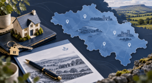 Equity Release Adviser in North Yorkshire with a house model, location map, keys and property planning documents in branded blue tones.