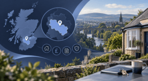 Equity Release Adviser in South Lanarkshire with a highlighted local map, location pin, Scottish property and later-life finance icons.