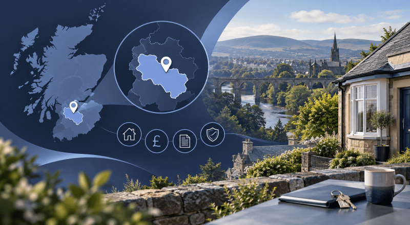 Equity Release Adviser in South Lanarkshire with a highlighted local map, location pin, Scottish property and later-life finance icons.