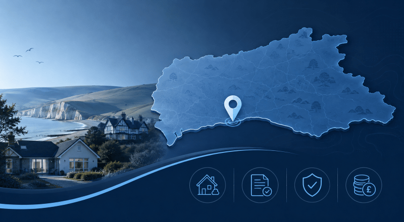 Equity Release Adviser in West Sussex – location map with coastal homes and later-life lending icons