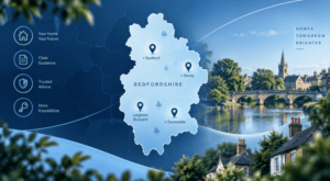Equity Release Advisers in Bedfordshire location map with Bedford, Sandy, Leighton Buzzard and Dunstable highlighted.