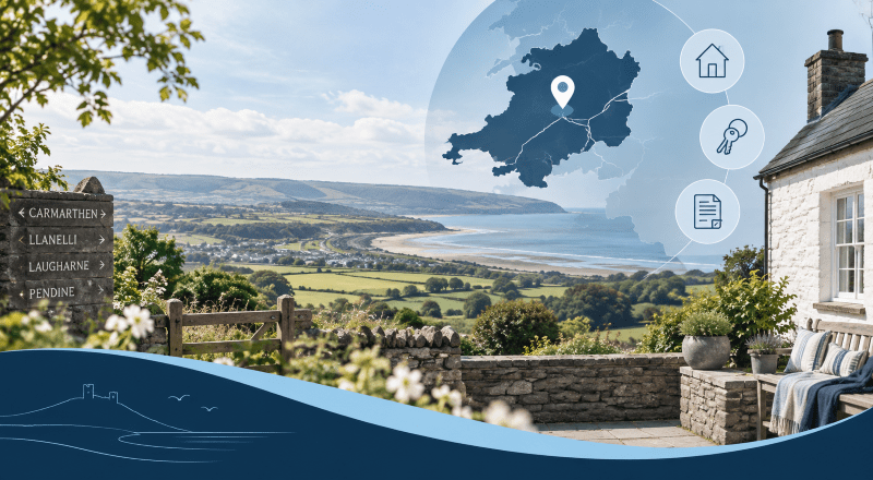 Equity Release Advisers in Carmarthenshire with local property, home and location icons overlooking the Carmarthenshire countryside and coastline.